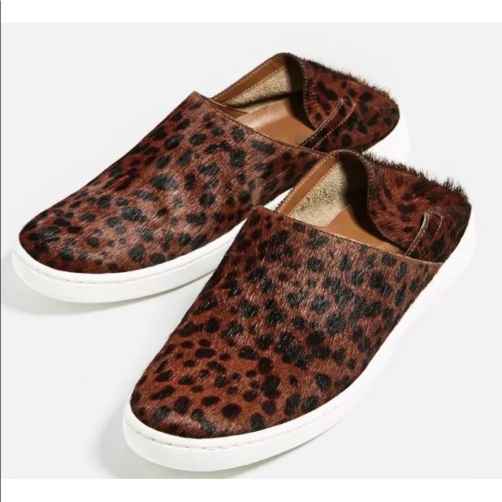 New Zara Cheetah Print Leather Hair On Brown Sneaker 7.5 Foldable Heel Women